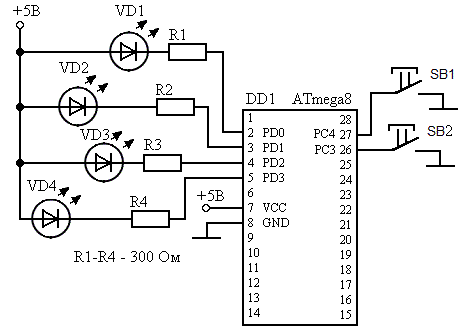 Принципиальная схема светодиодной мигалки на микроконтроллере ATmega8