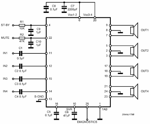 Схема усилителя на микросхеме TDA7386