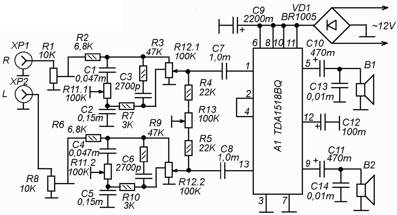 Принципиальная схема усилителя мощности на микросхеме TDA1518BQ