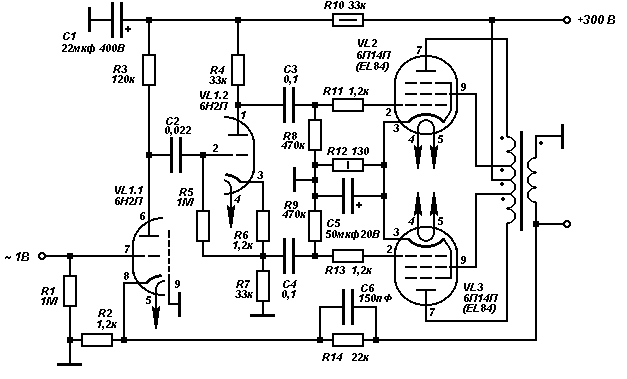 Схема усилителя на лампах 6Н2П и 6П14П с выходной мощностью 12 Вт