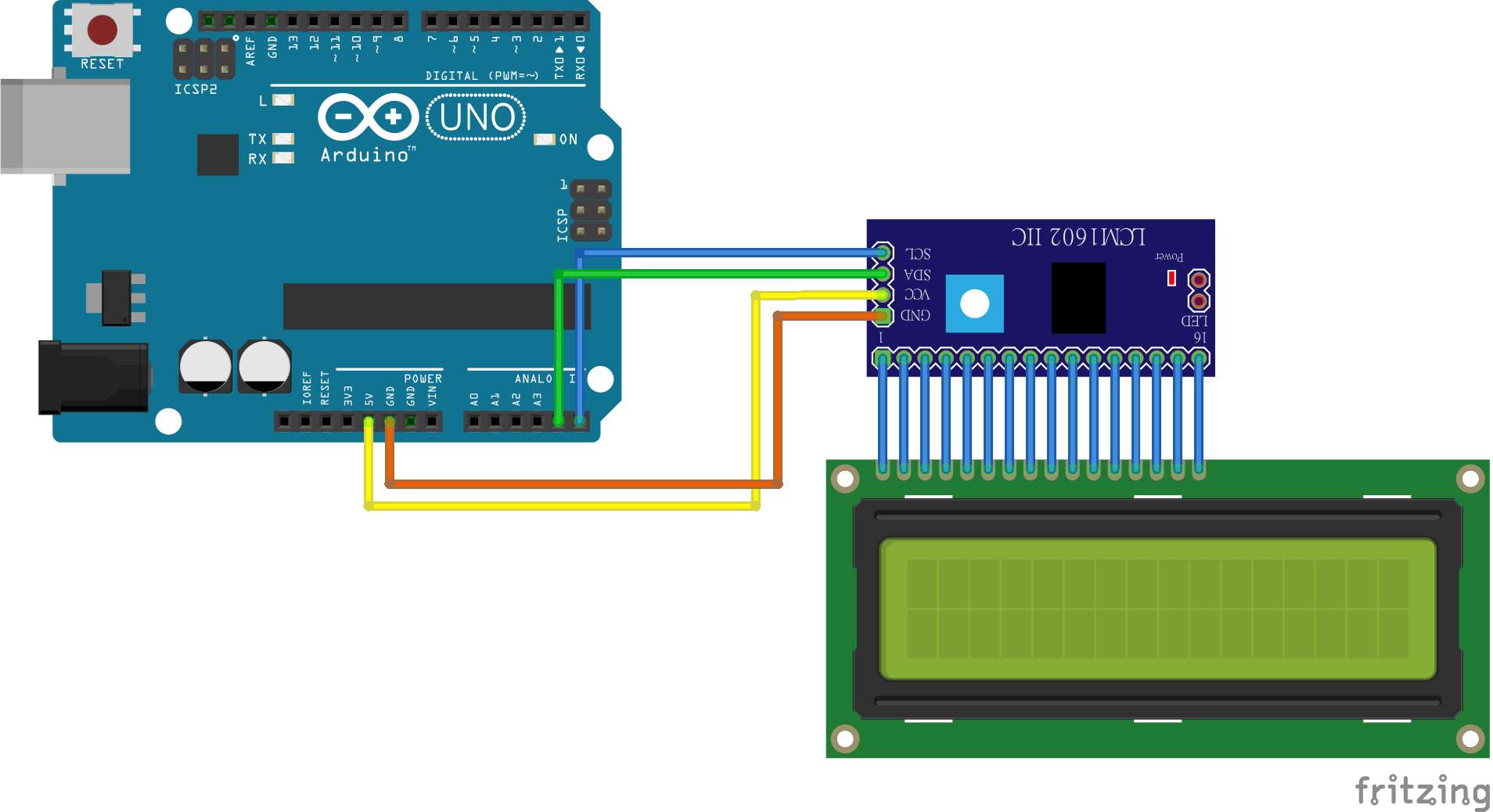 Схема подключения LCD модуля 1602 к Arduino при помощи модуля I2C