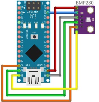 Схема подключения датчика BMP280 к плате Arduino по протоколу SPI 